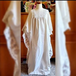 Vintage 70s Shaheen Jrs Unbleached Cotton Bohemian Hippie Long Caftan Lace OFSM